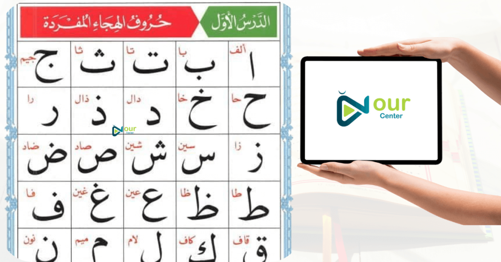 A child learning the Arabic alphabet from a Noorani Qaida Online lesson on a laptop.
