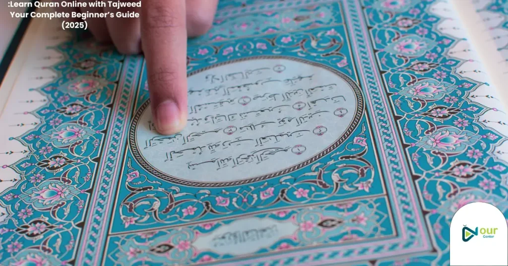 Hand pointing to Arabic text in an open Quran with intricate teal and pink designs, symbolizing Quranic study.